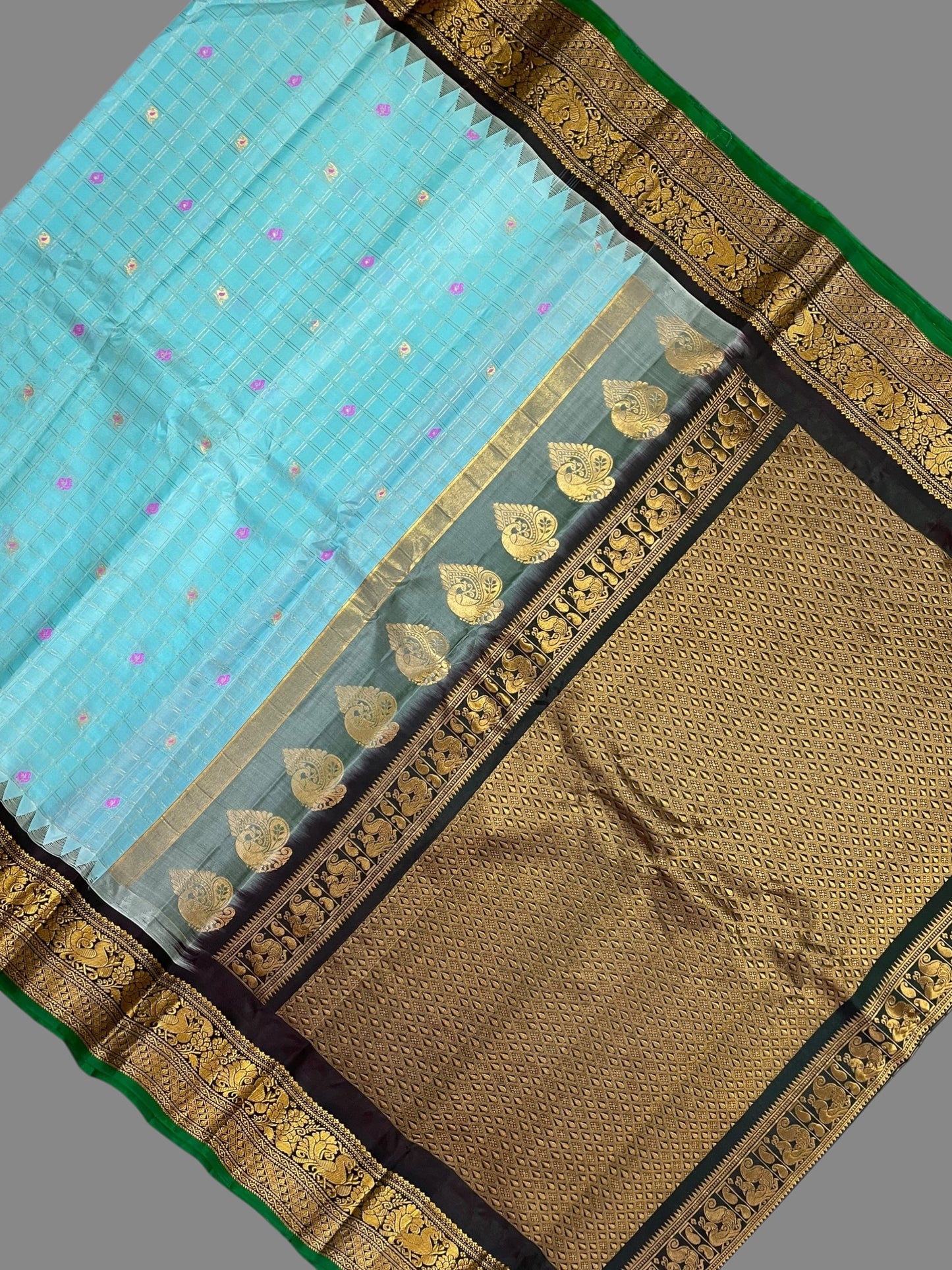 Humsa Big Checks Light Blue Pure Silk Saree