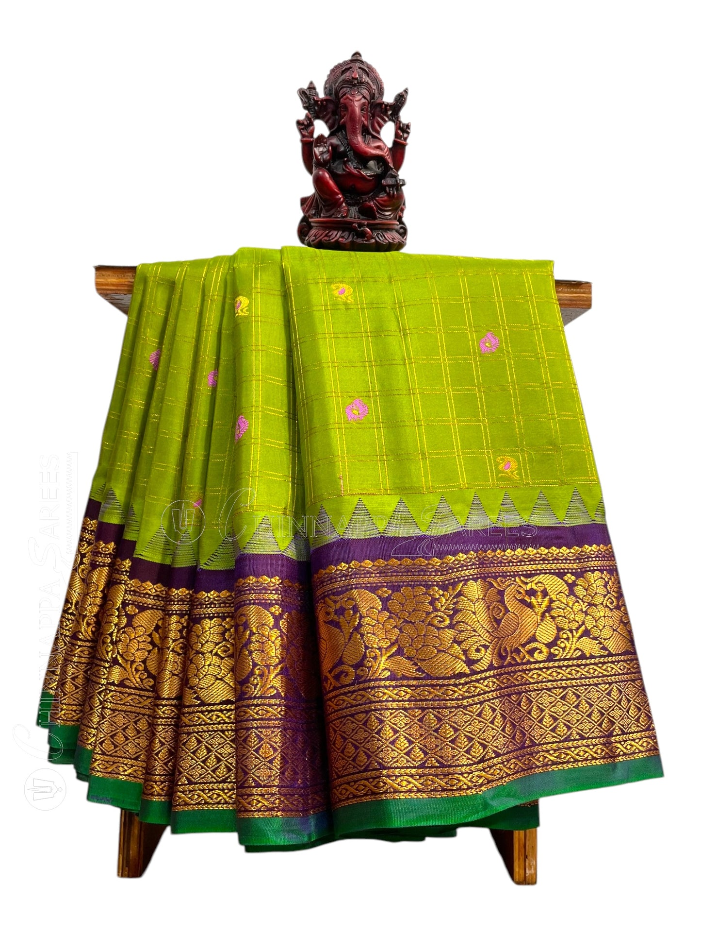 Humsa Big Checks Mehndi Green Pure Silk Saree