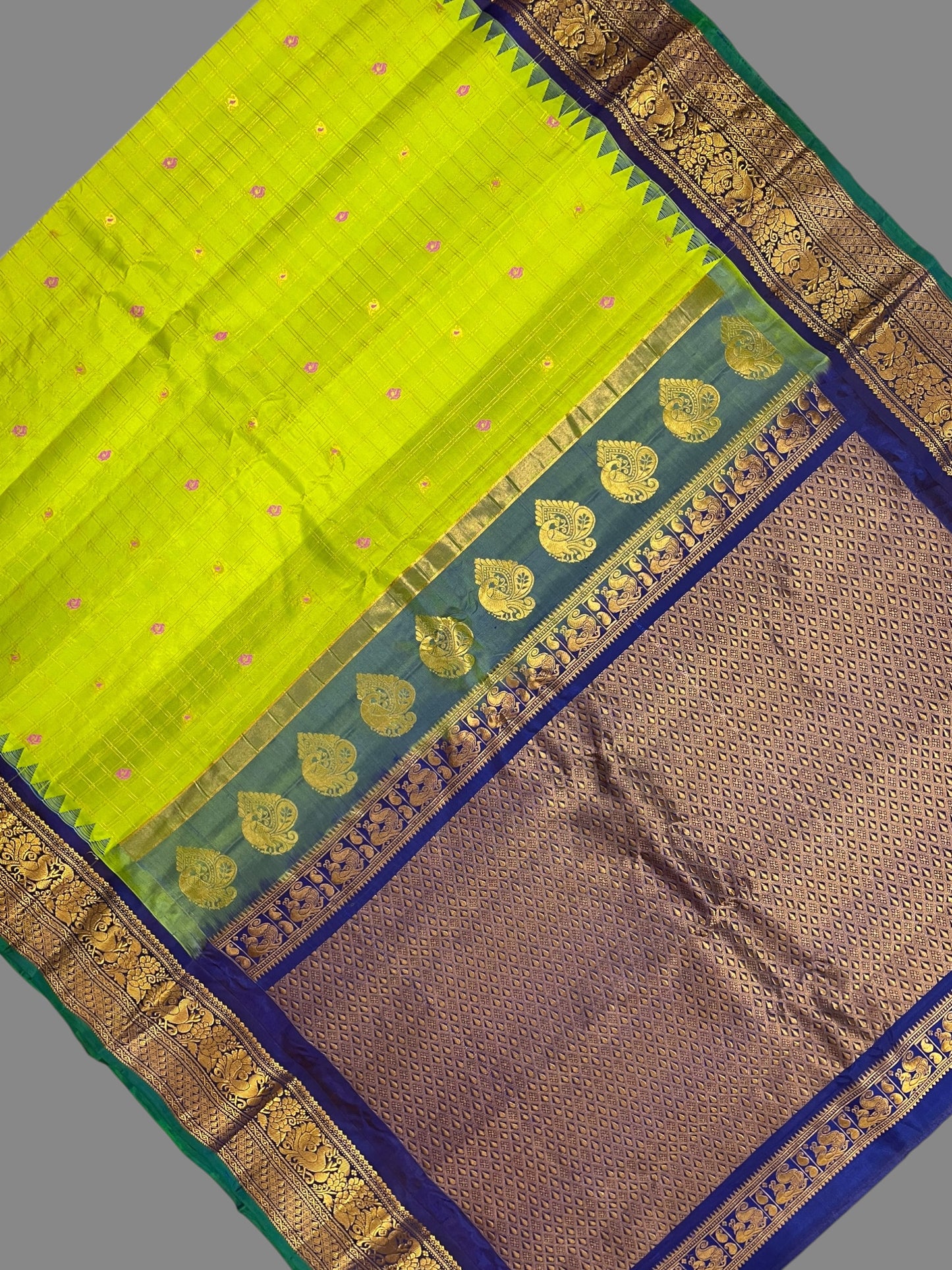 Humsa Big Checks Lime Green Pure Silk Saree