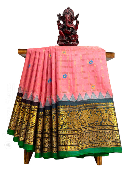 Humsa Big Checks Pink Pure Silk Saree