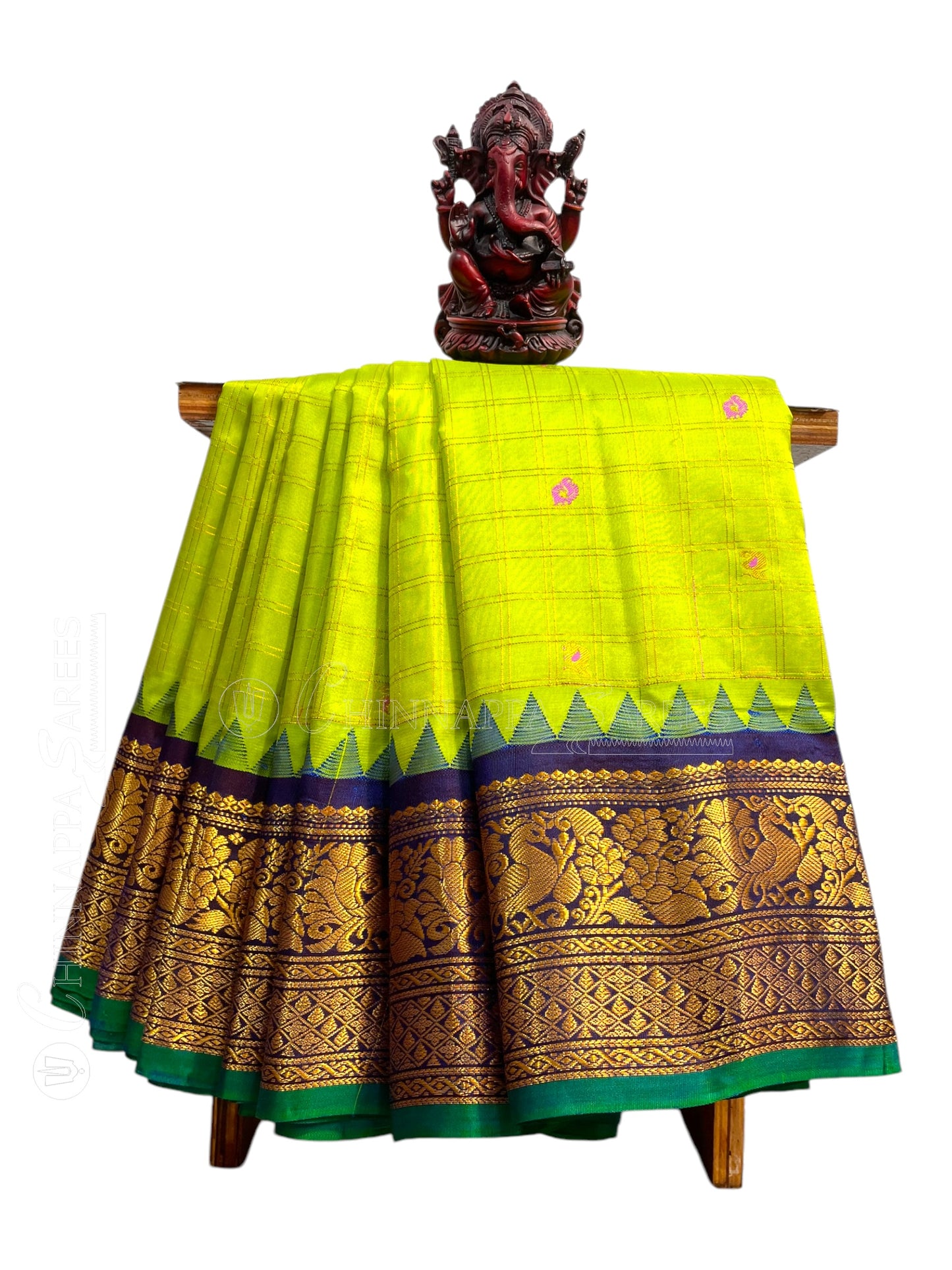 Humsa Big Checks Lime Green Pure Silk Saree