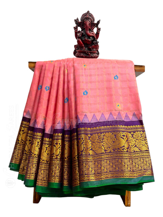 Humsa Big Checks Pink Pure Silk Saree