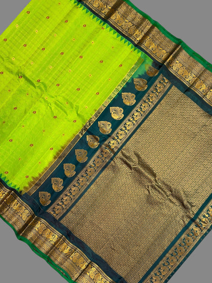 Humsa Big Checks Parrot Green Pure Silk Saree