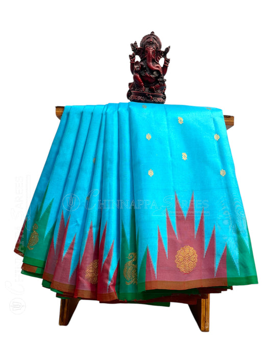 Kanchi Big Temple Border Blue Pure Silk Saree