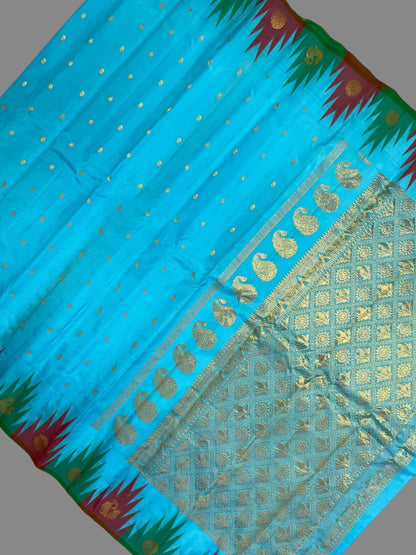 Kanchi Big Temple Border Blue Pure Silk Saree