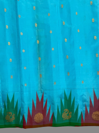 Kanchi Big Temple Border Blue Pure Silk Saree