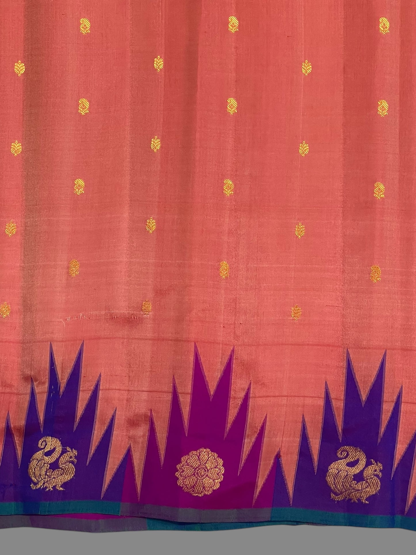 Kanchi Big Temple Border Peach Pure Silk Saree