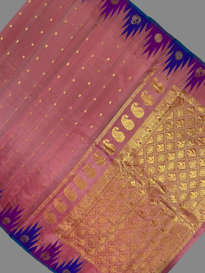 Kanchi Big Temple Border Peach Pure Silk Saree