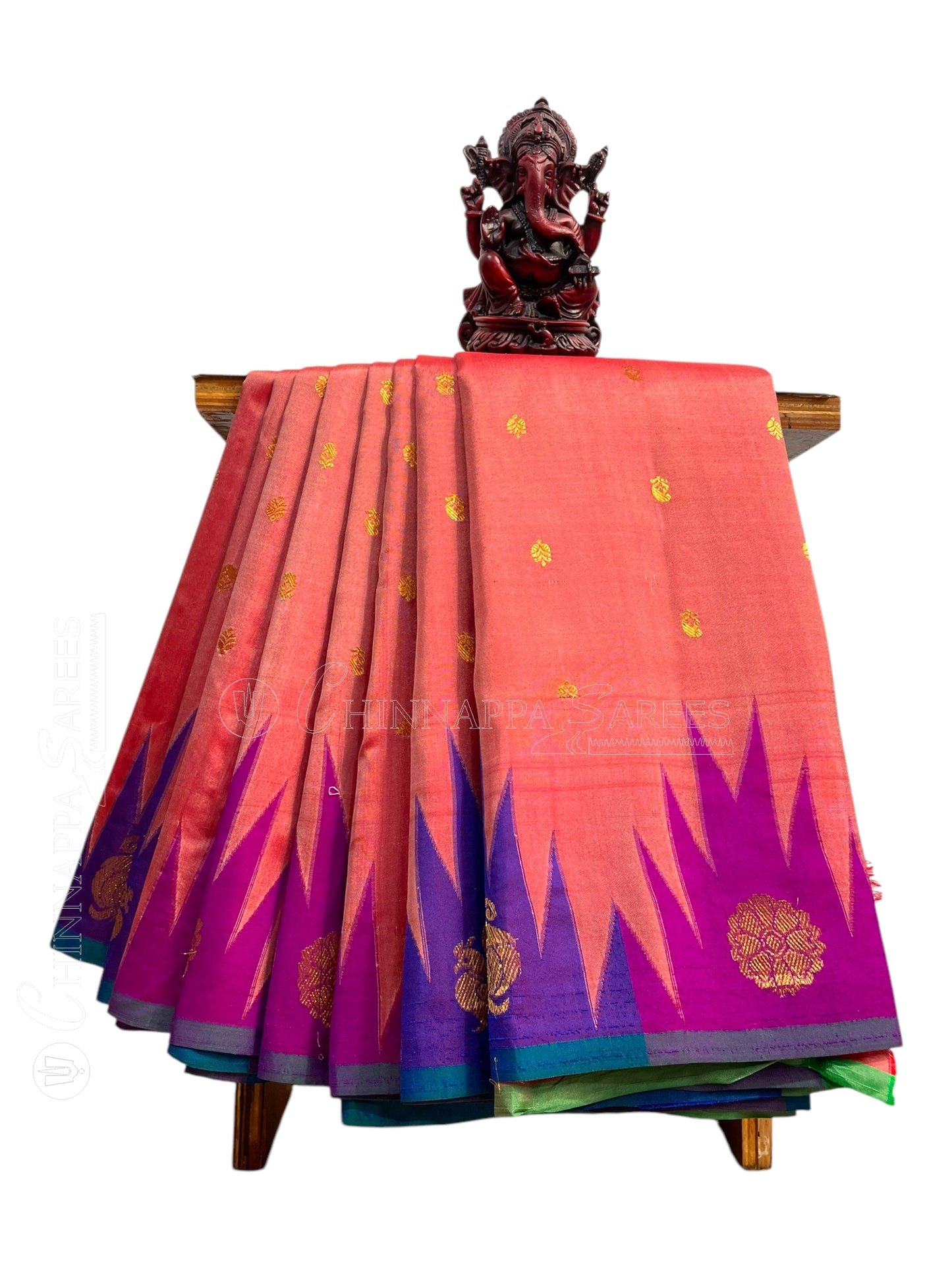 Kanchi Big Temple Border Peach Pure Silk Saree