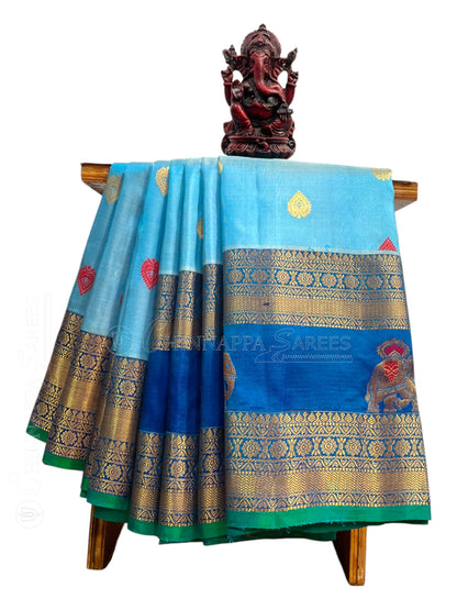 Big Gap Elephant Border Light Blue Pure Silk Saree