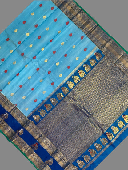 Big Gap Elephant Border Light Blue Pure Silk Saree