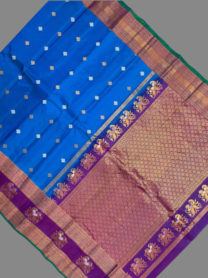 Big Gap Double Peacock Border Blue Pure Silk Saree