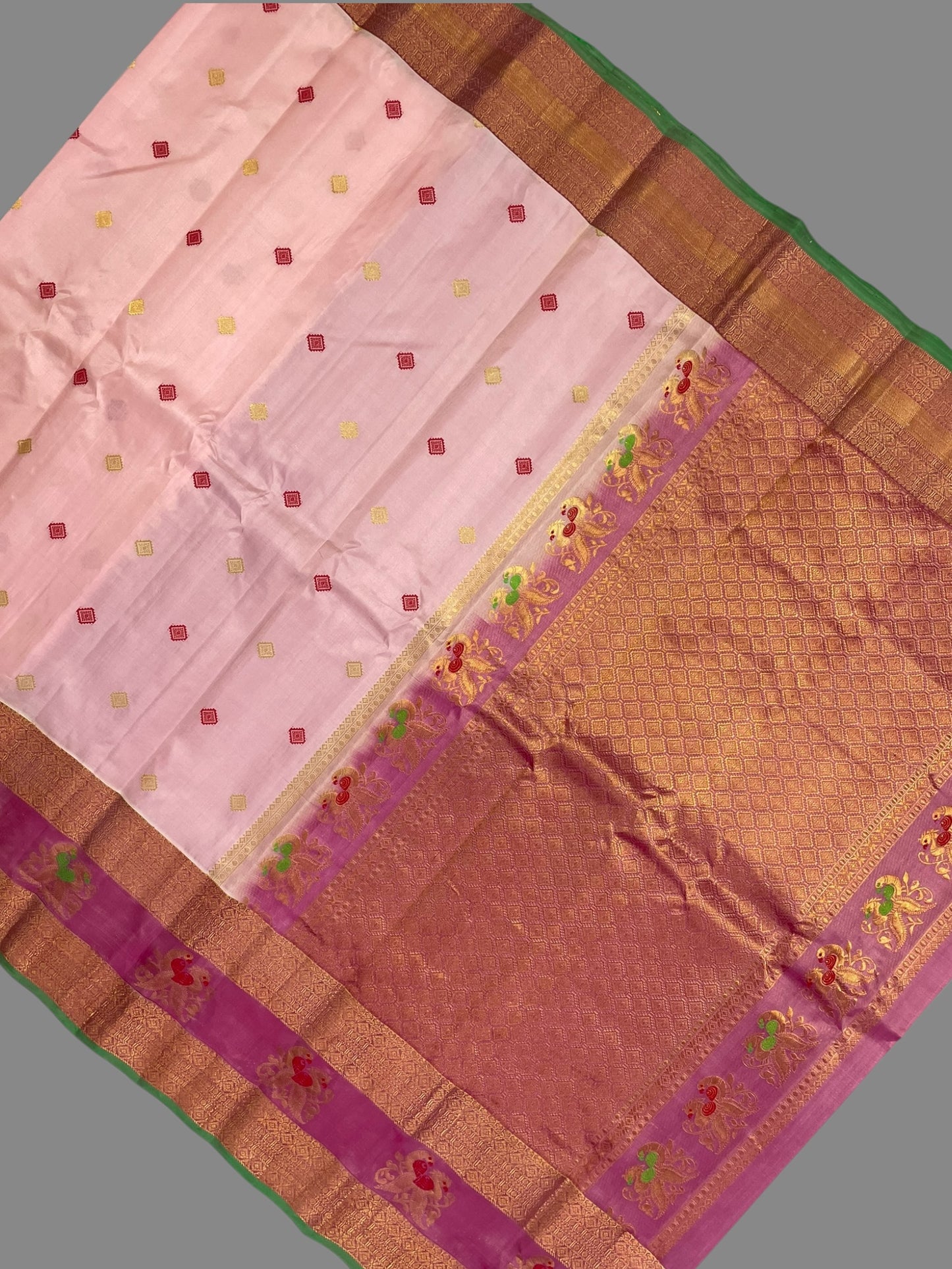 Big Gap Double Peacock Border Light Pink Pure Silk Saree