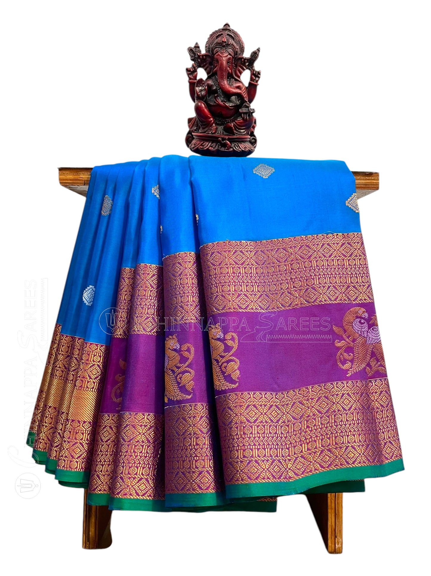 Big Gap Double Peacock Border Blue Pure Silk Saree