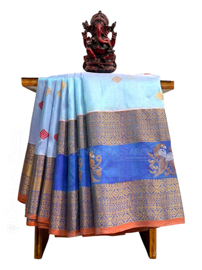 Big Gap Double Peacock Border Sky Blue Pure Silk Saree