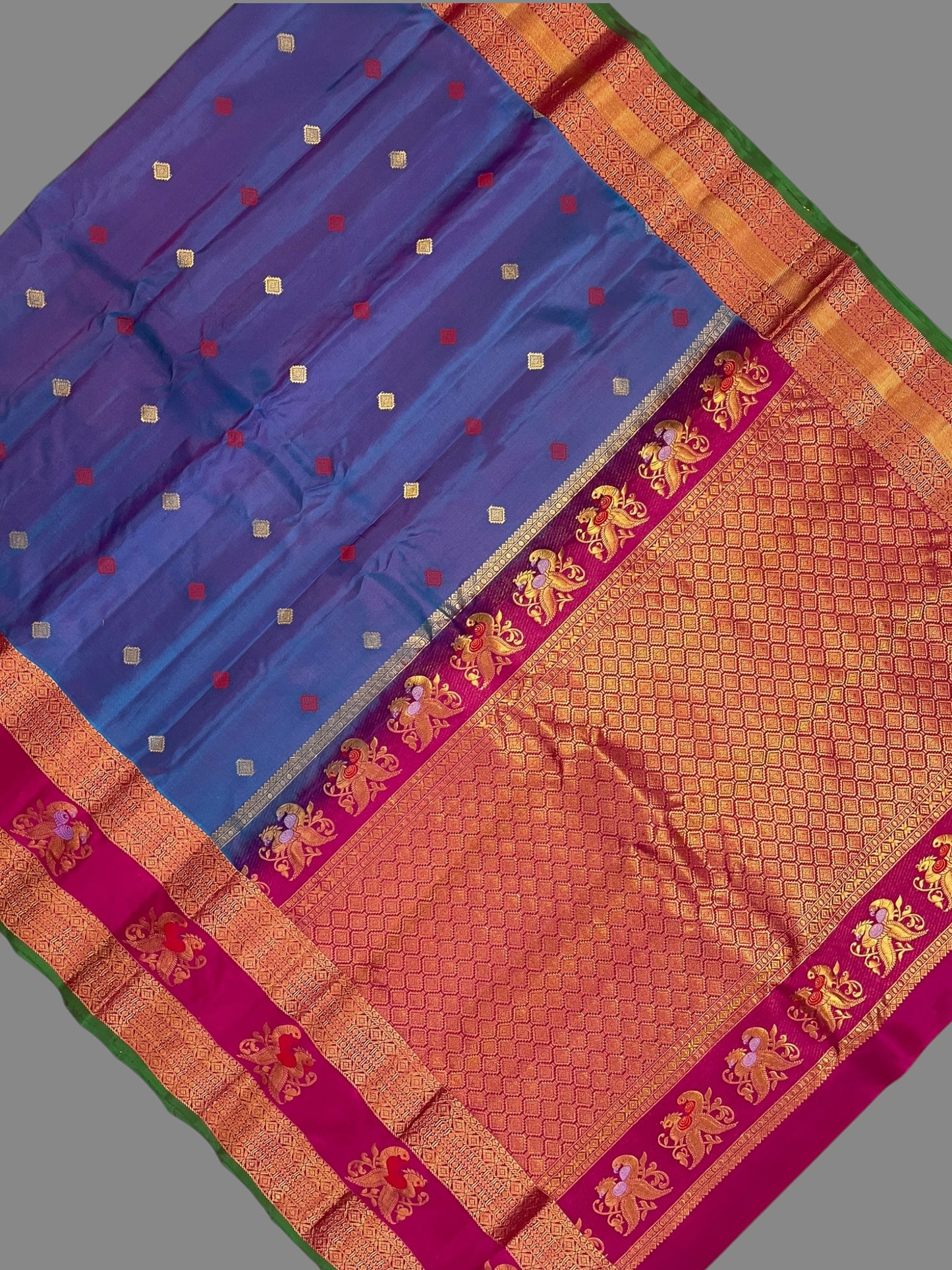 Big Gap Double Peacock Border Violet Pure Silk Saree