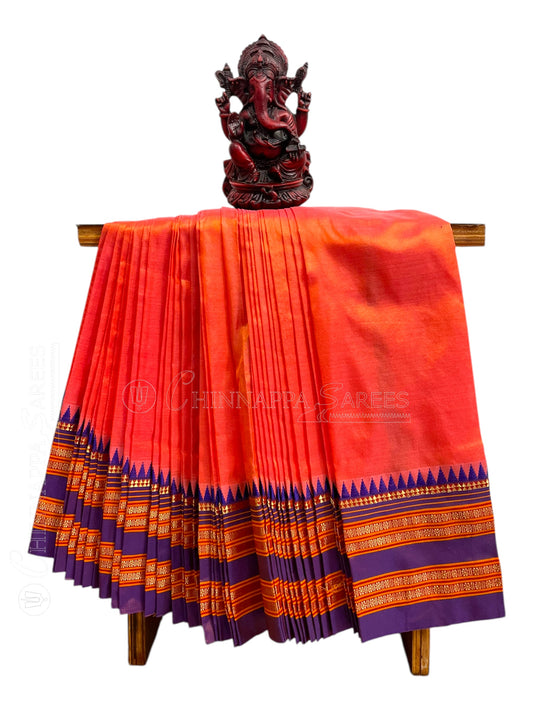 Narayanpet Plain Saffron Orange Colour Pure Silk Saree