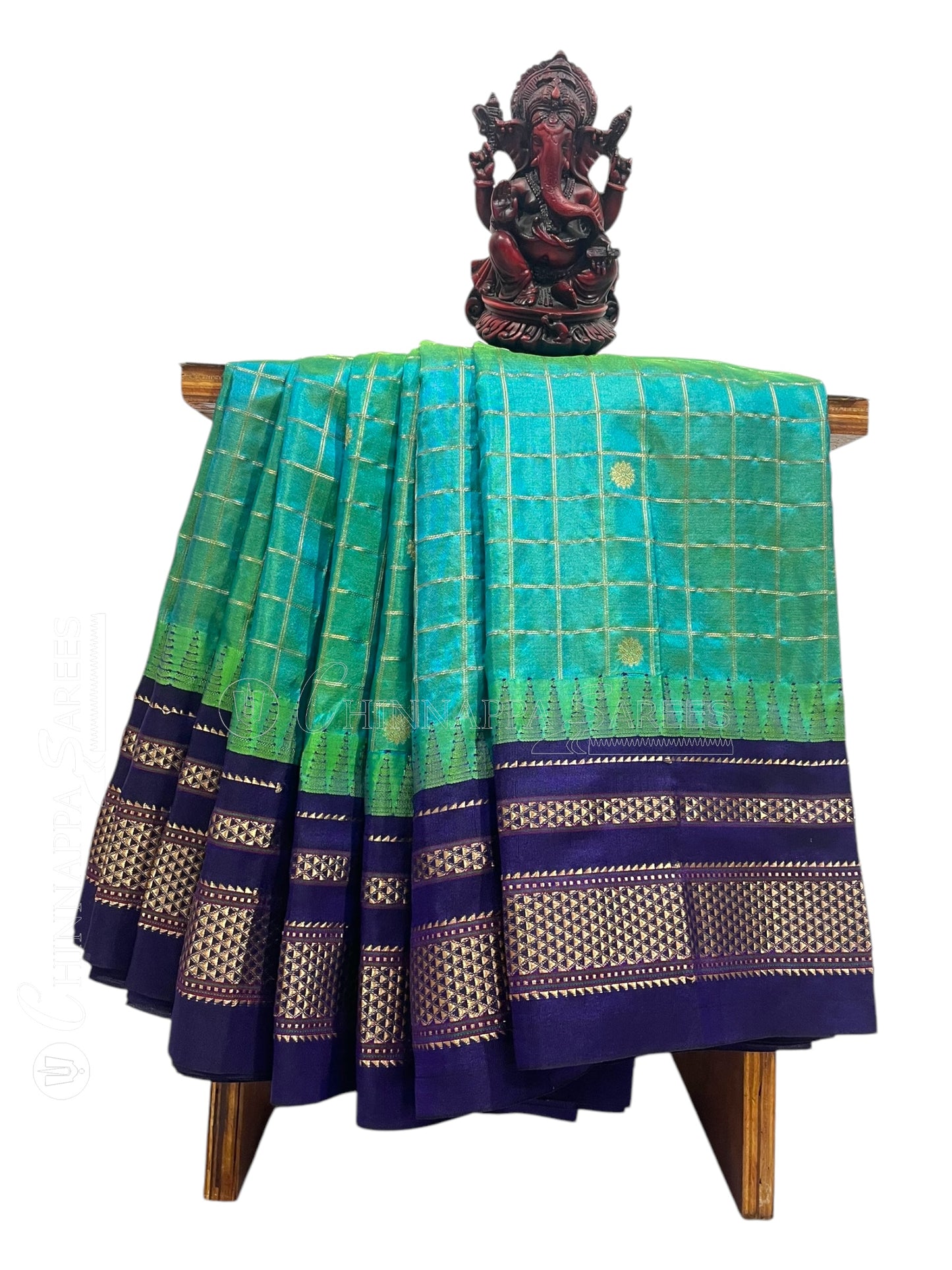 Peshwai Big Checks Rama Blue Pure Silk Saree