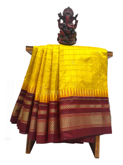 Peshwai Big Checks Yellow Pure Silk Saree