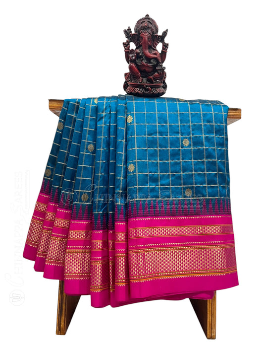 Big Peshwai Checks Peacock Blue Pure Silk Saree