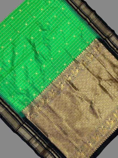 Peshwai Big Checks Green Pure Silk Saree