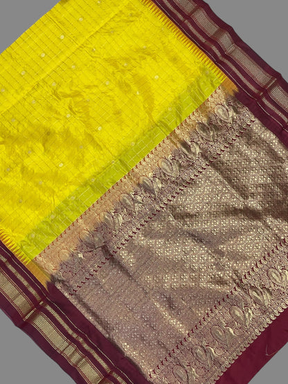 Peshwai Big Checks Yellow Pure Silk Saree