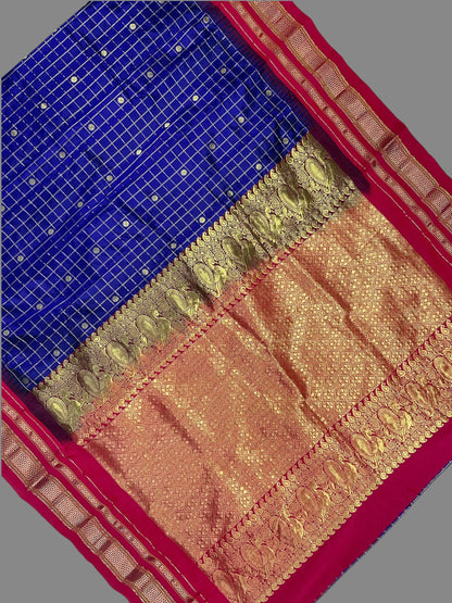 Peshwai Big Checks Royal Blue Pure Silk Saree