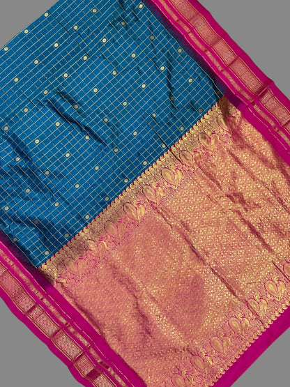 Big Peshwai Checks Peacock Blue Pure Silk Saree