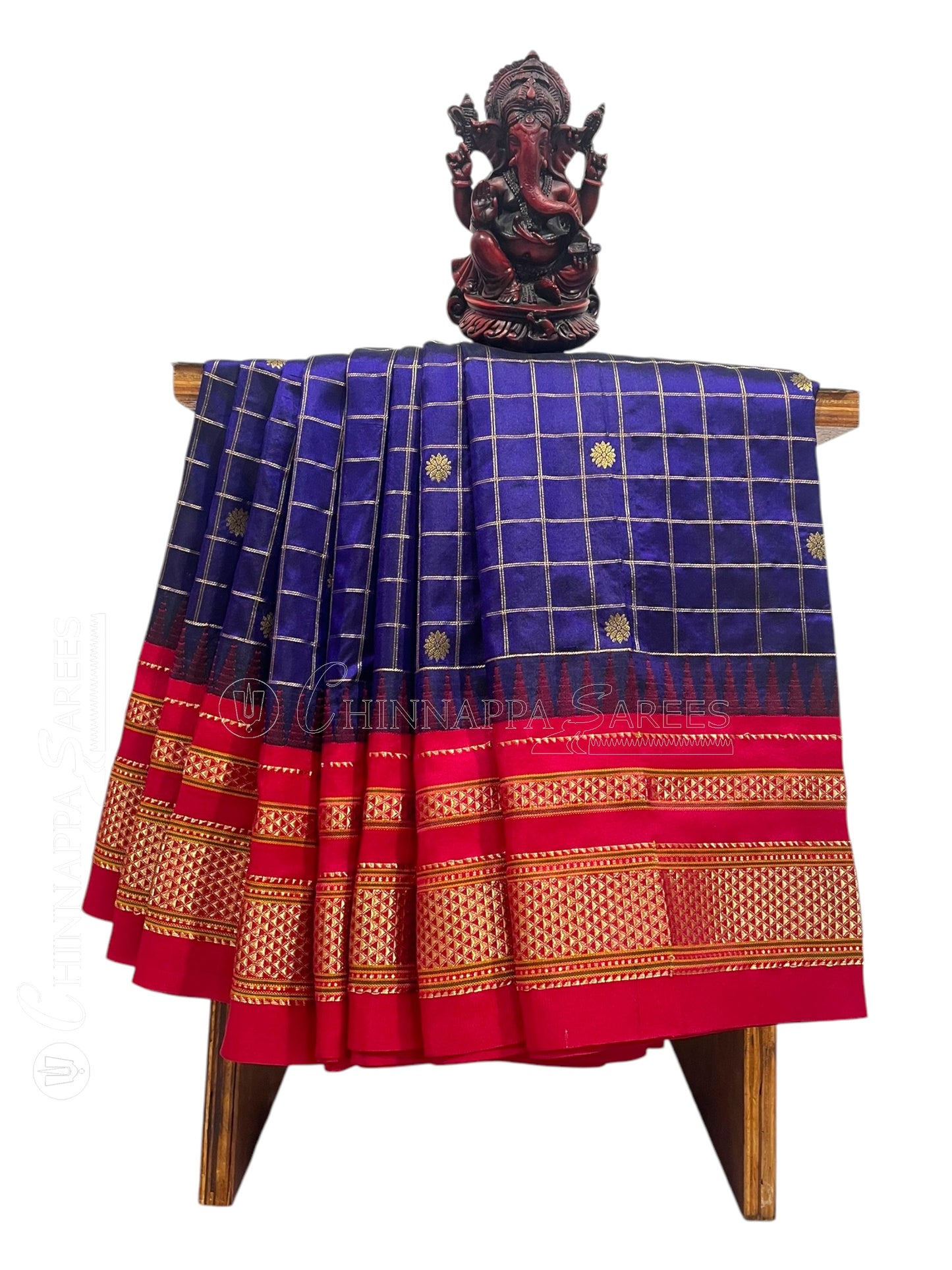 Peshwai Big Checks Royal Blue Pure Silk Saree