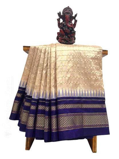 Peshwai Big Checks Cream Pure Silk Saree