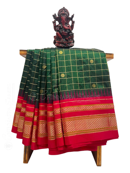 Big Peshwai Checks Dark Green Pure Silk Saree