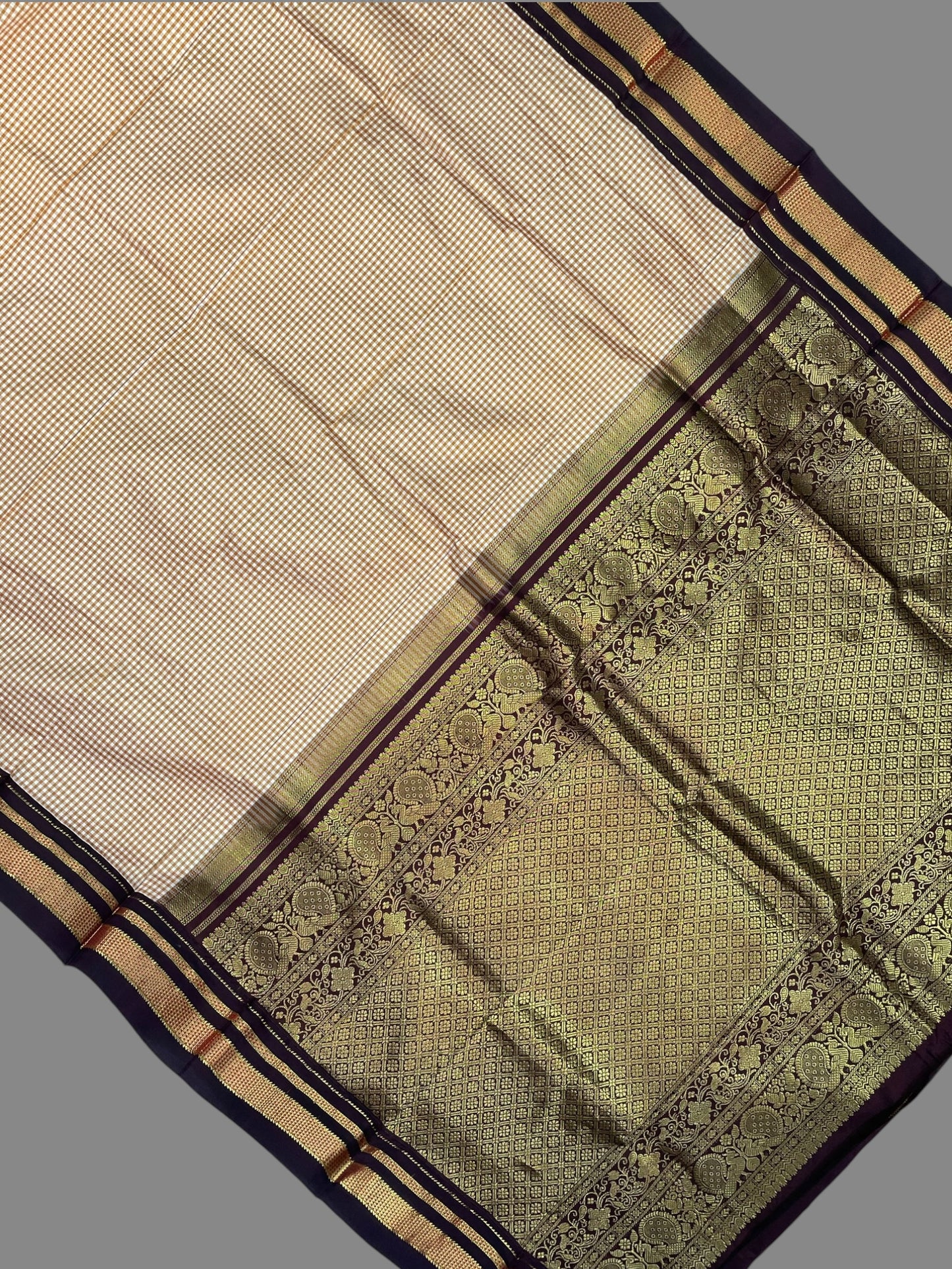 Peshwai Checks Cream 3 Pure Silk Saree