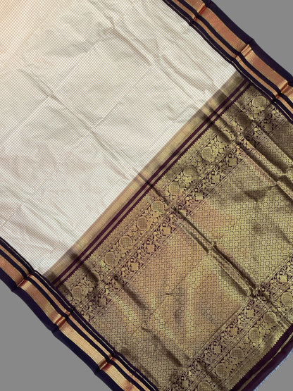 Peshwai Checks Light Cream Pure Silk Saree