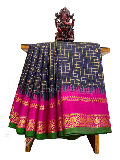 Gap Border Checks Dark Blue Pure Silk Saree