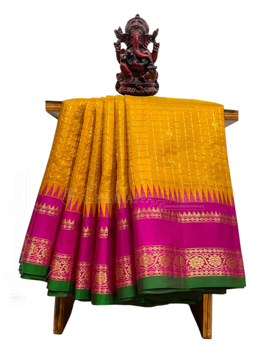 Gap Border Checks Golden Yellow  Pure Silk Saree