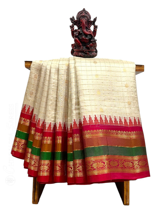 Gap Border Checks Cream Pure Silk Saree