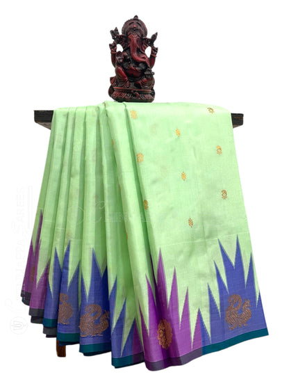 Kanchi Big Temple Border Pista Green Pure Silk Saree