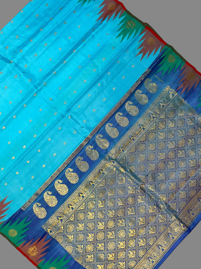 Kanchi Big Temple Border Sky Blue Pure Silk Saree