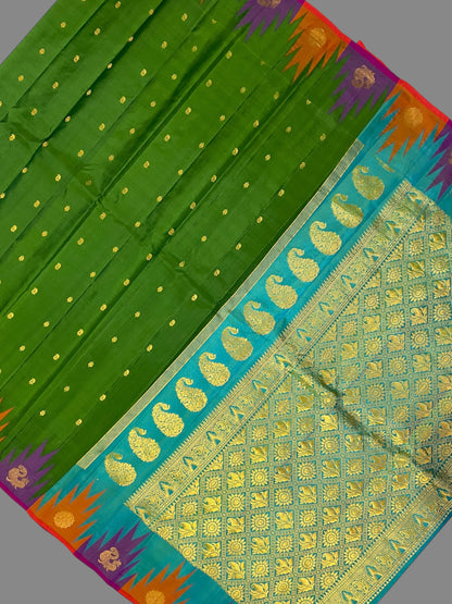 Kanchi Big Temple Border Green Pure Silk Saree