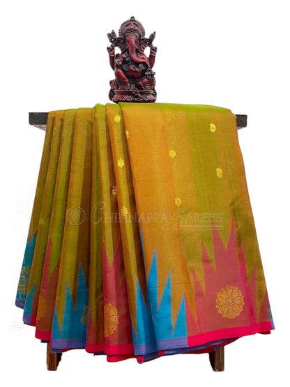 Kanchi Big Temple Border Seaweed Brown Pure Silk Saree