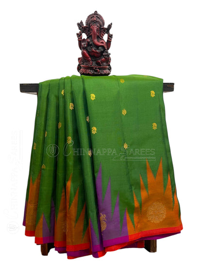 Kanchi Big Temple Border Green Pure Silk Saree