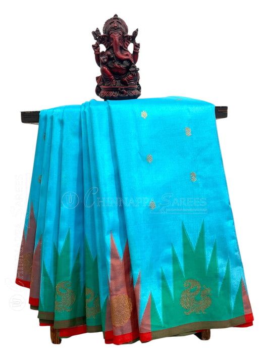 Kanchi Big Temple Border Sky Blue Pure Silk Saree