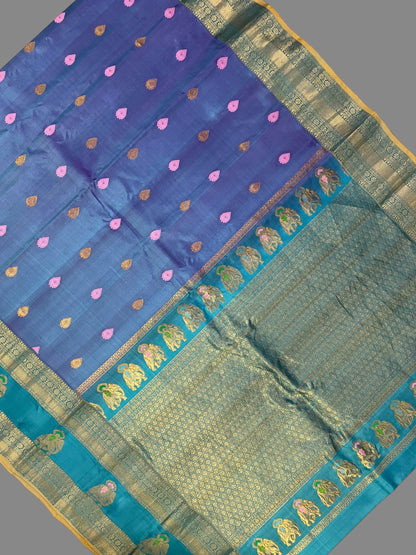 Big Gap Double Peacock Border Periwinkle Pure Silk Saree