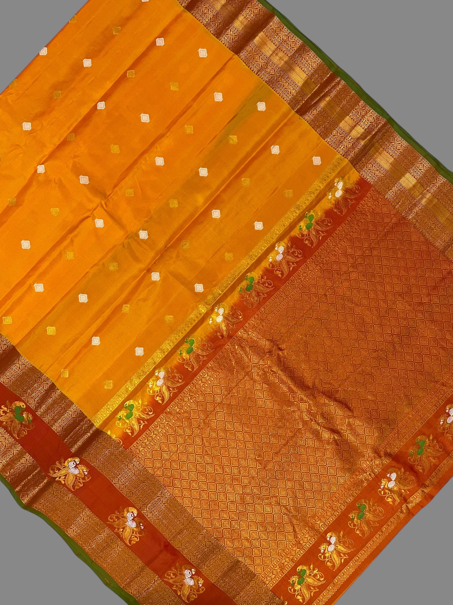 Big Gap Double Peacock Border Golden Pure Silk Saree