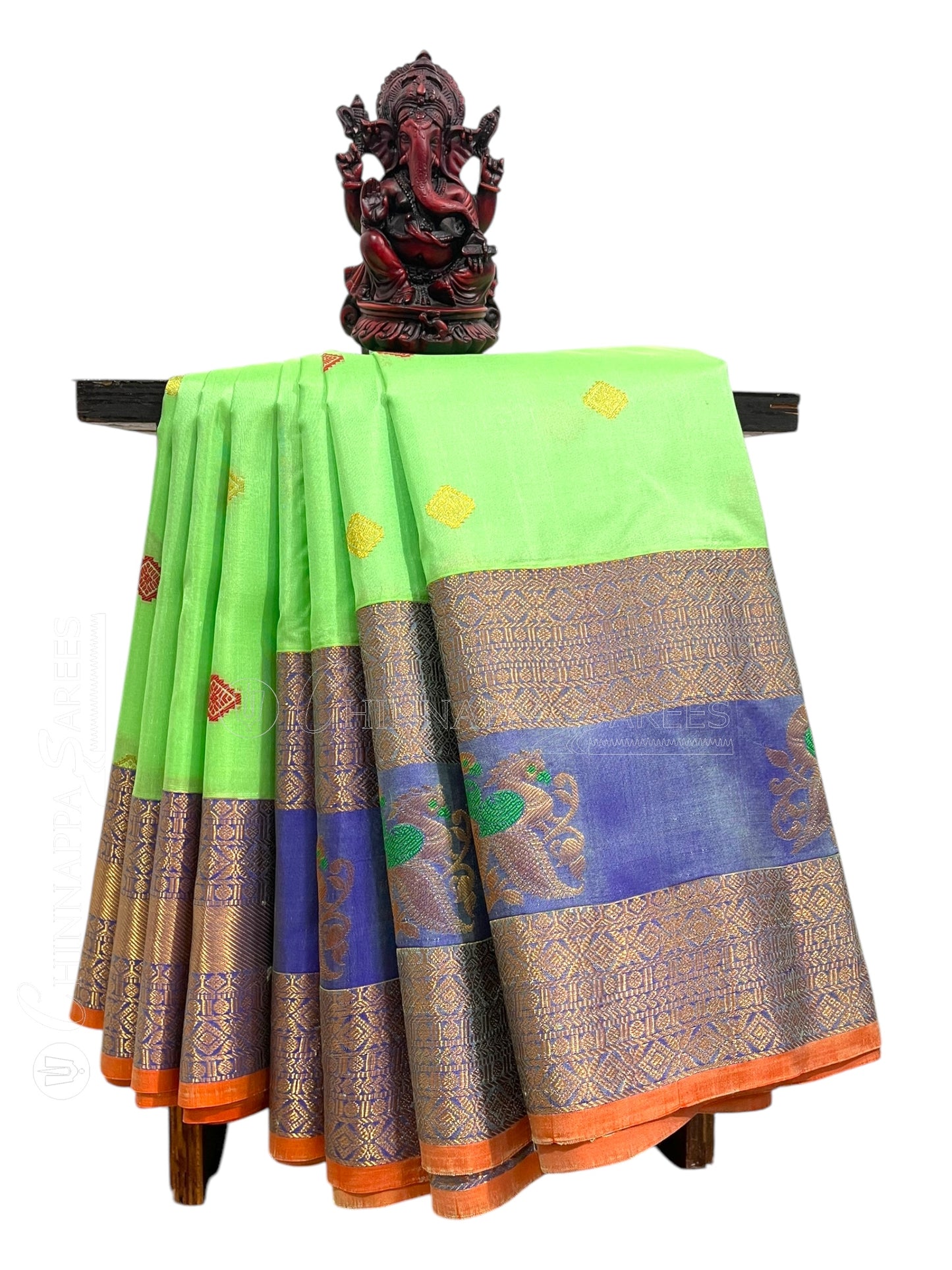 Big Gap Double Peacock Border Pista Green Pure Silk Saree