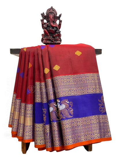 Big Gap Double Peacock Border Maroon Pure Silk Saree