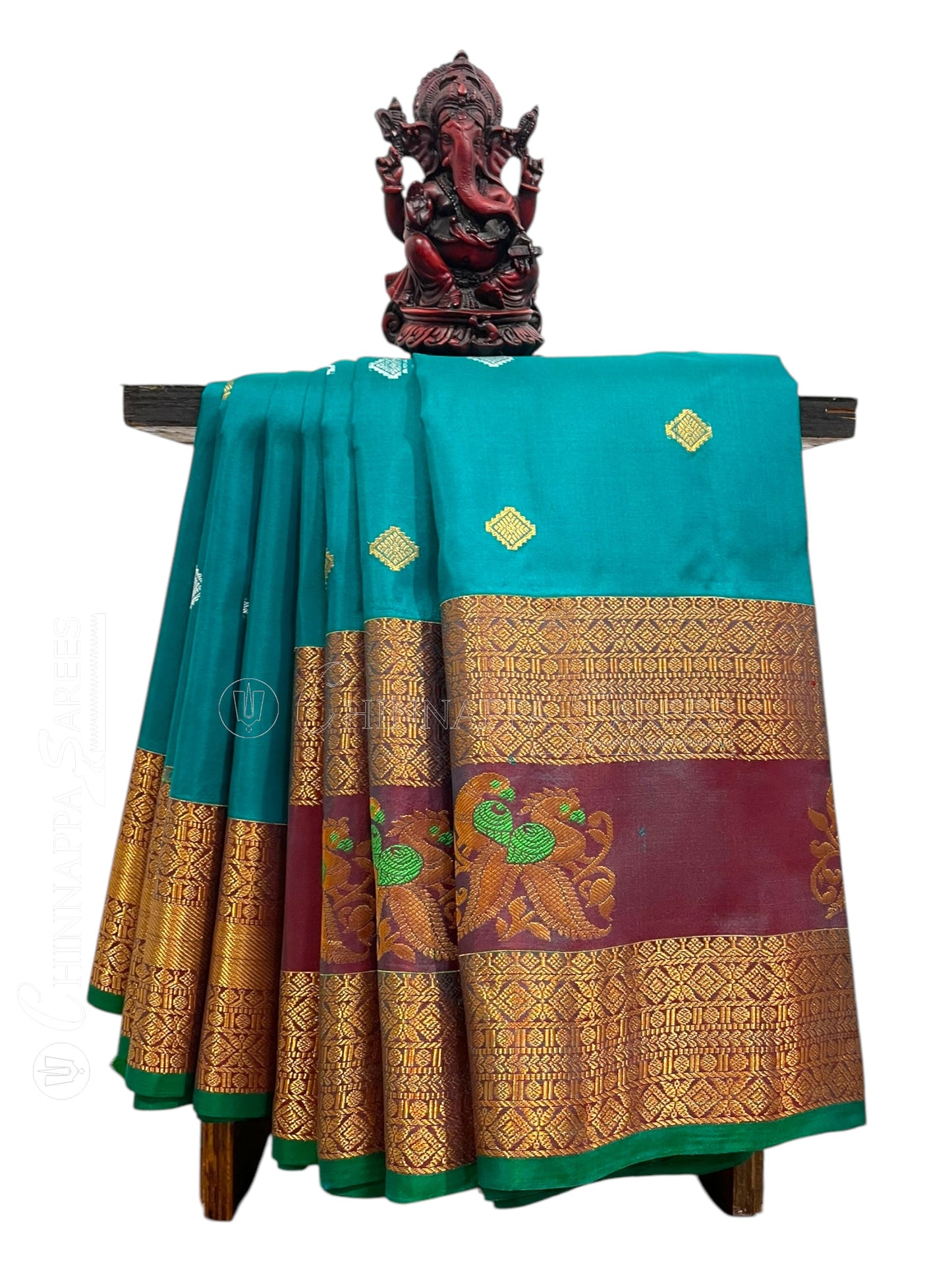 Big Gap Double Peacock Border Rama Green Pure Silk Saree