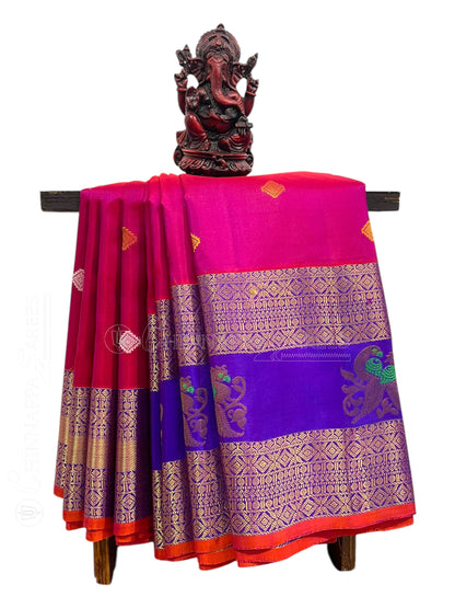 Big Gap Double Peacock Border Rose Pink Pure Silk Saree