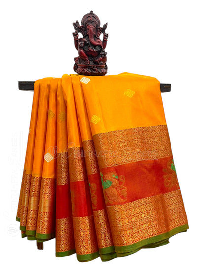 Big Gap Double Peacock Border Golden Pure Silk Saree