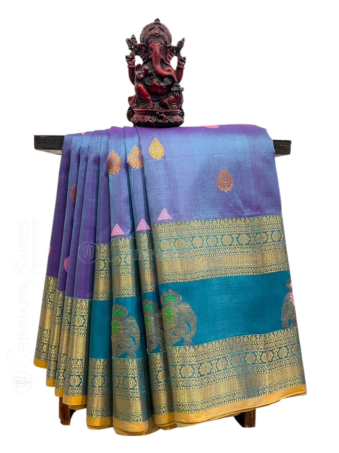 Big Gap Double Peacock Border Periwinkle Pure Silk Saree